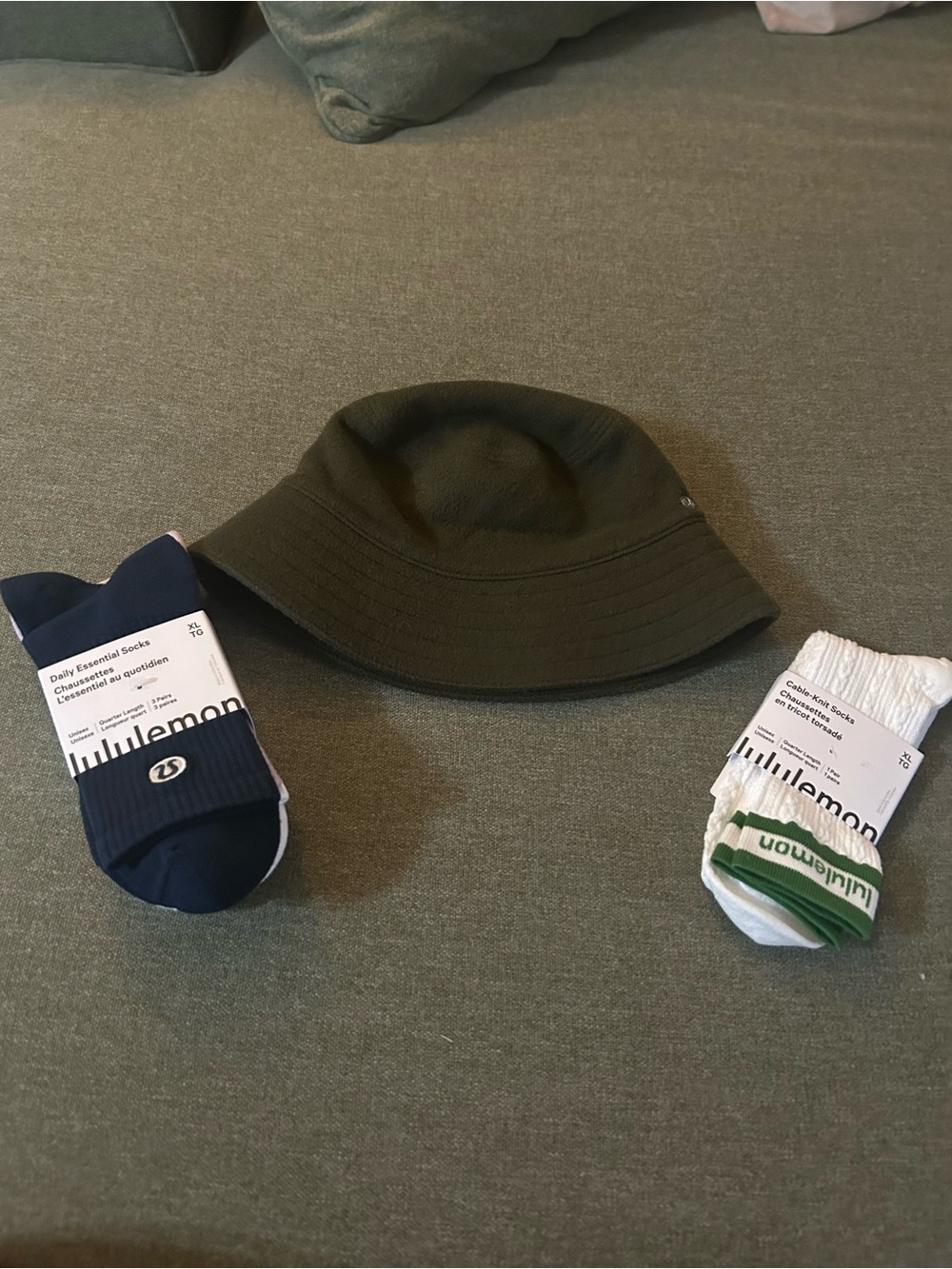 lululemon athletica Olive Green Satin Lined Bucket Hat and Socks Bundle